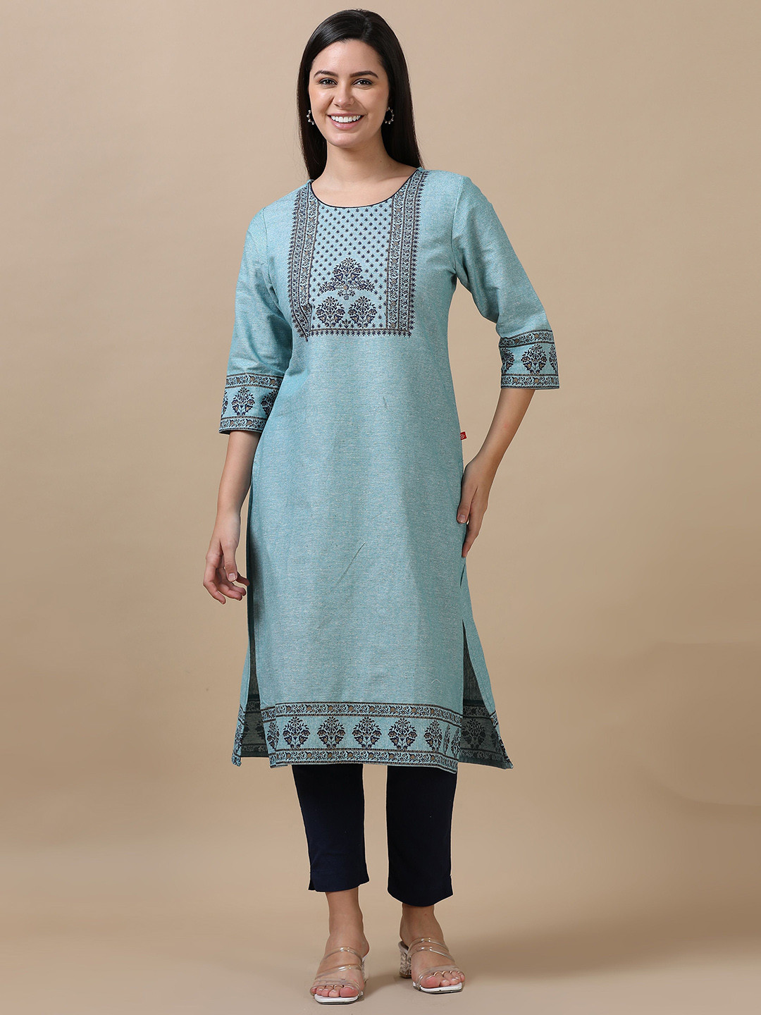 

Marcia Ethnic Motifs Printed Round Neck Pure Cotton Straight Kurta, Blue