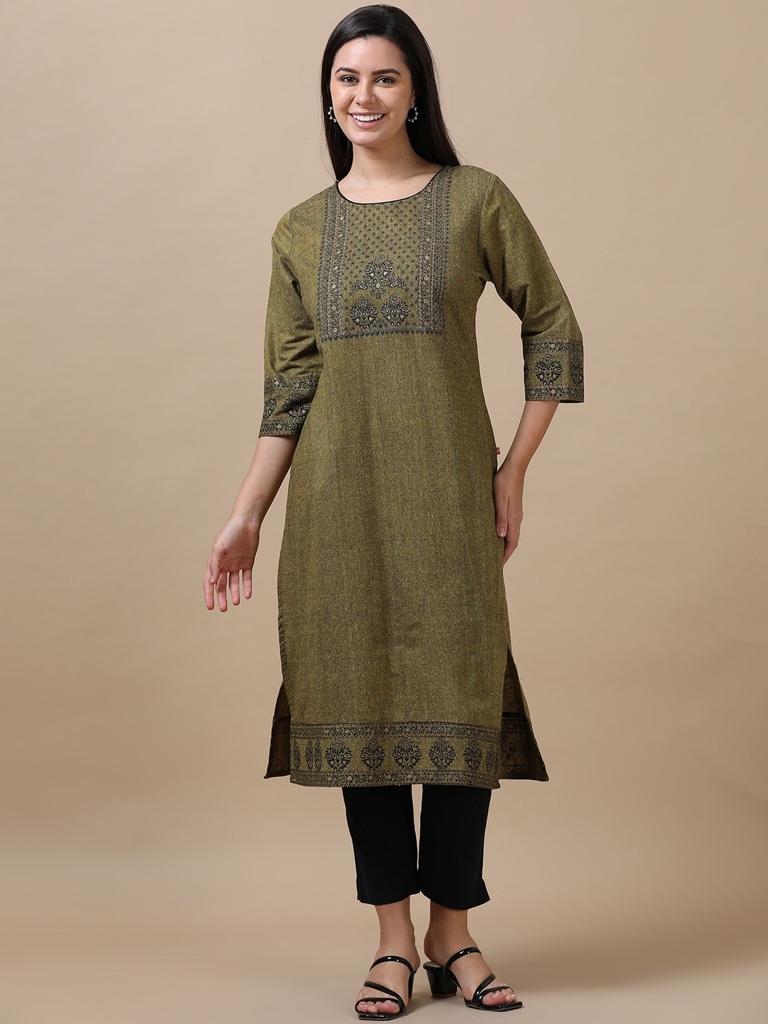 

Marcia Ethnic Motifs Printed Round Neck Pure Cotton Straight Kurta, Olive