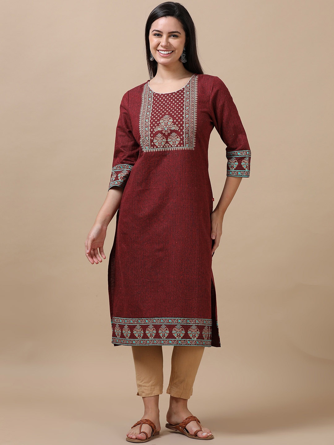 Marcia Ethnic Motifs Printed Round Neck Pure Cotton Straight Kurta, Maroon