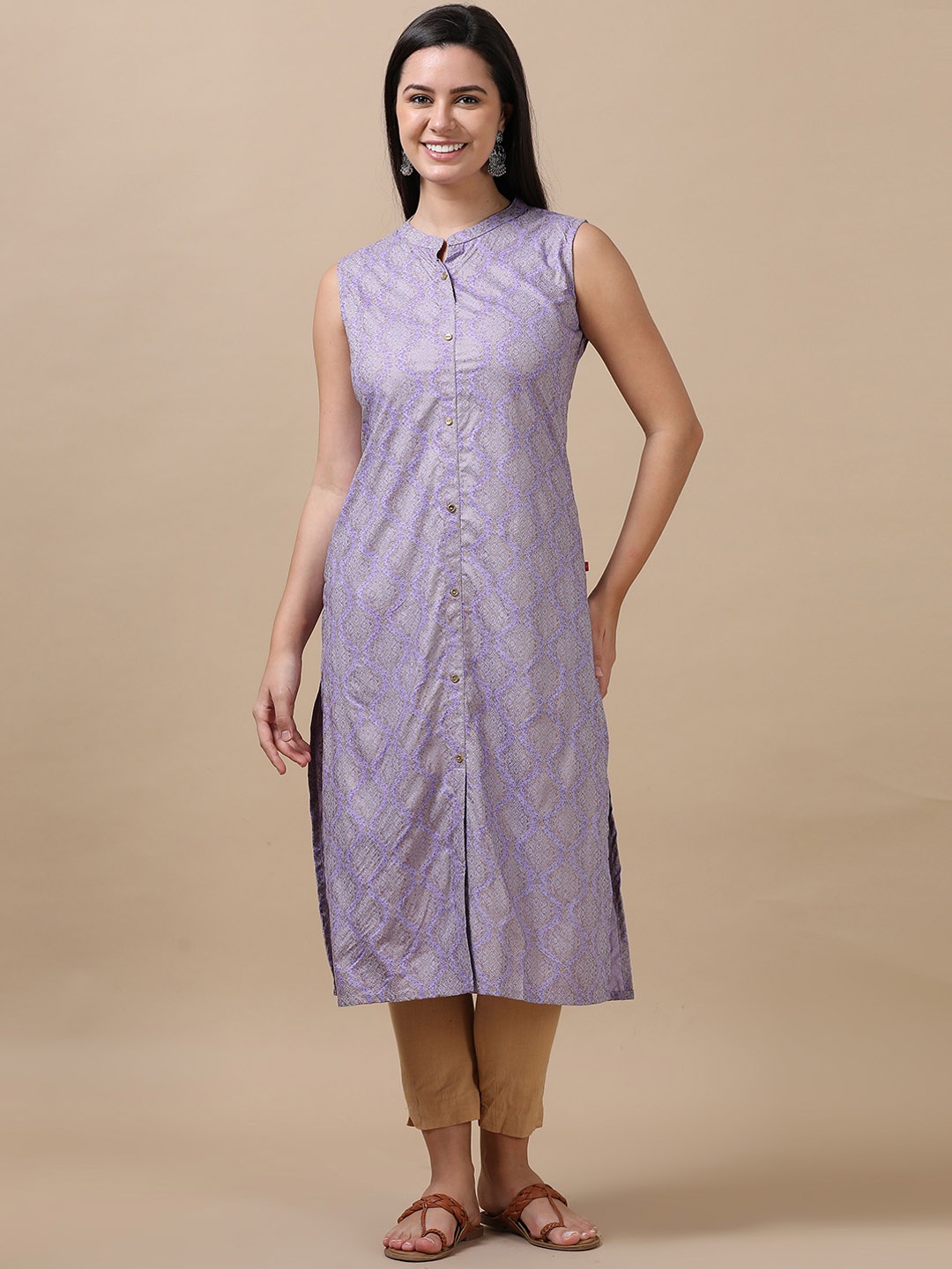 

Marcia Ethnic Motifs Printed Mandarin Collar Sleeveless Straight Kurta, Lavender