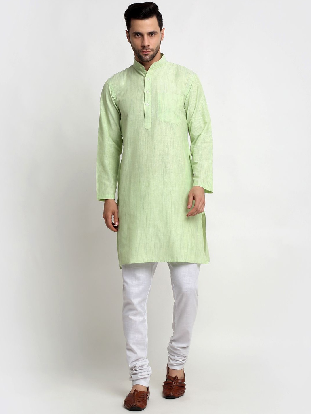 

Arrabi Striped Mandarin Collar Cotton Straight Kurta, Green