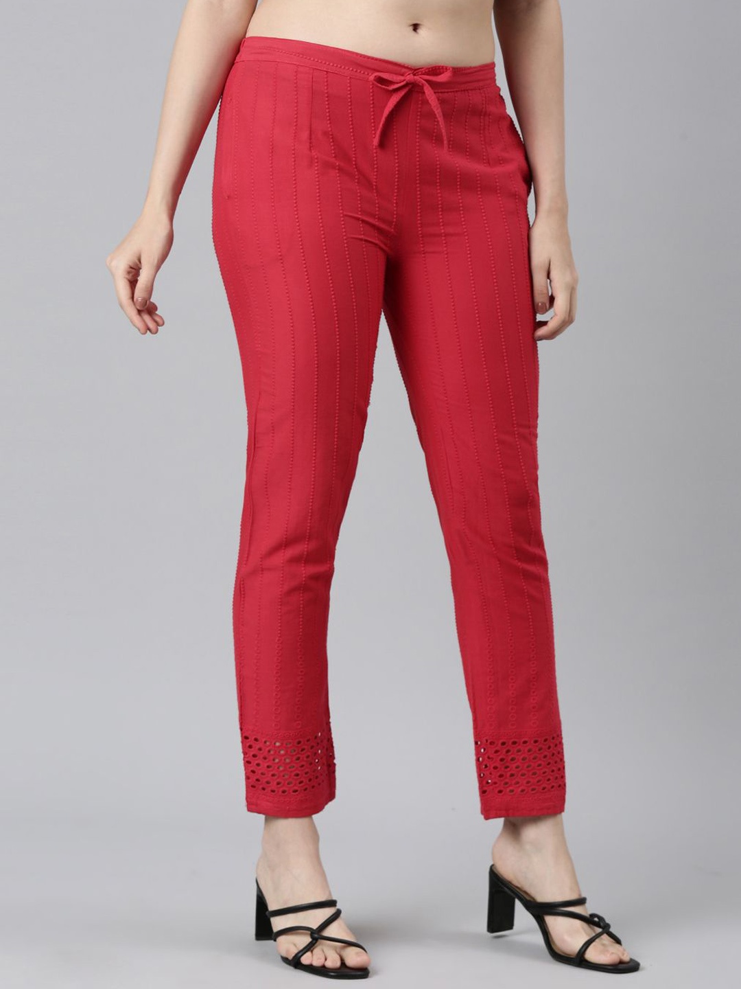 

Souchii Women Tailored Straight Fit High-Rise Easy Wash Cotton Trousers, Red