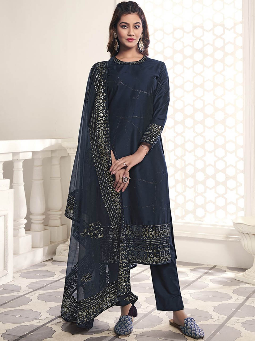 

Inddus Abstract Printed Round Neck Sequinned Straight Kurta With Trousers & Dupatta, Navy blue