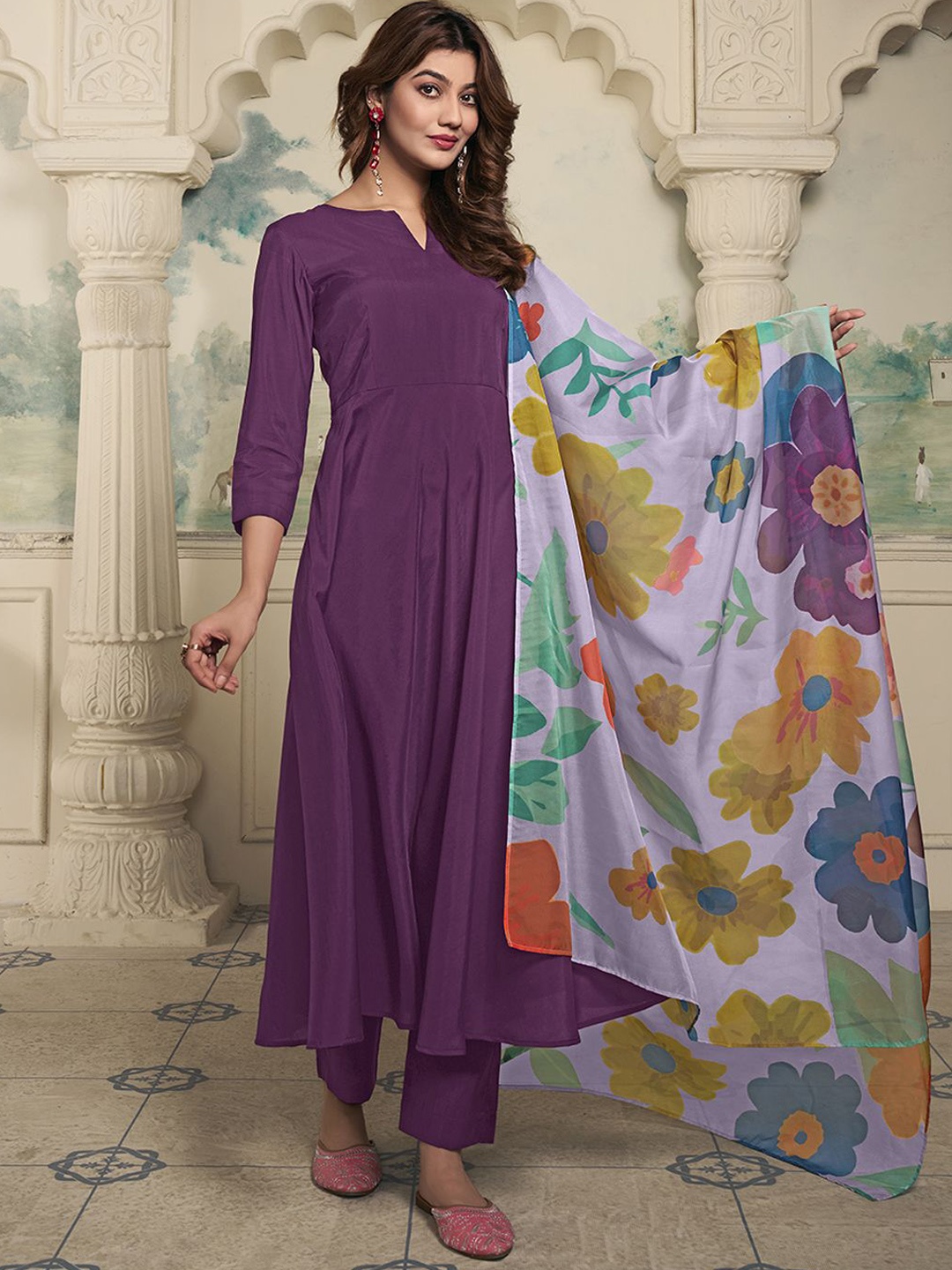 

Inddus Notched Neck Anarkali Kurta with Trousers & Dupatta, Purple