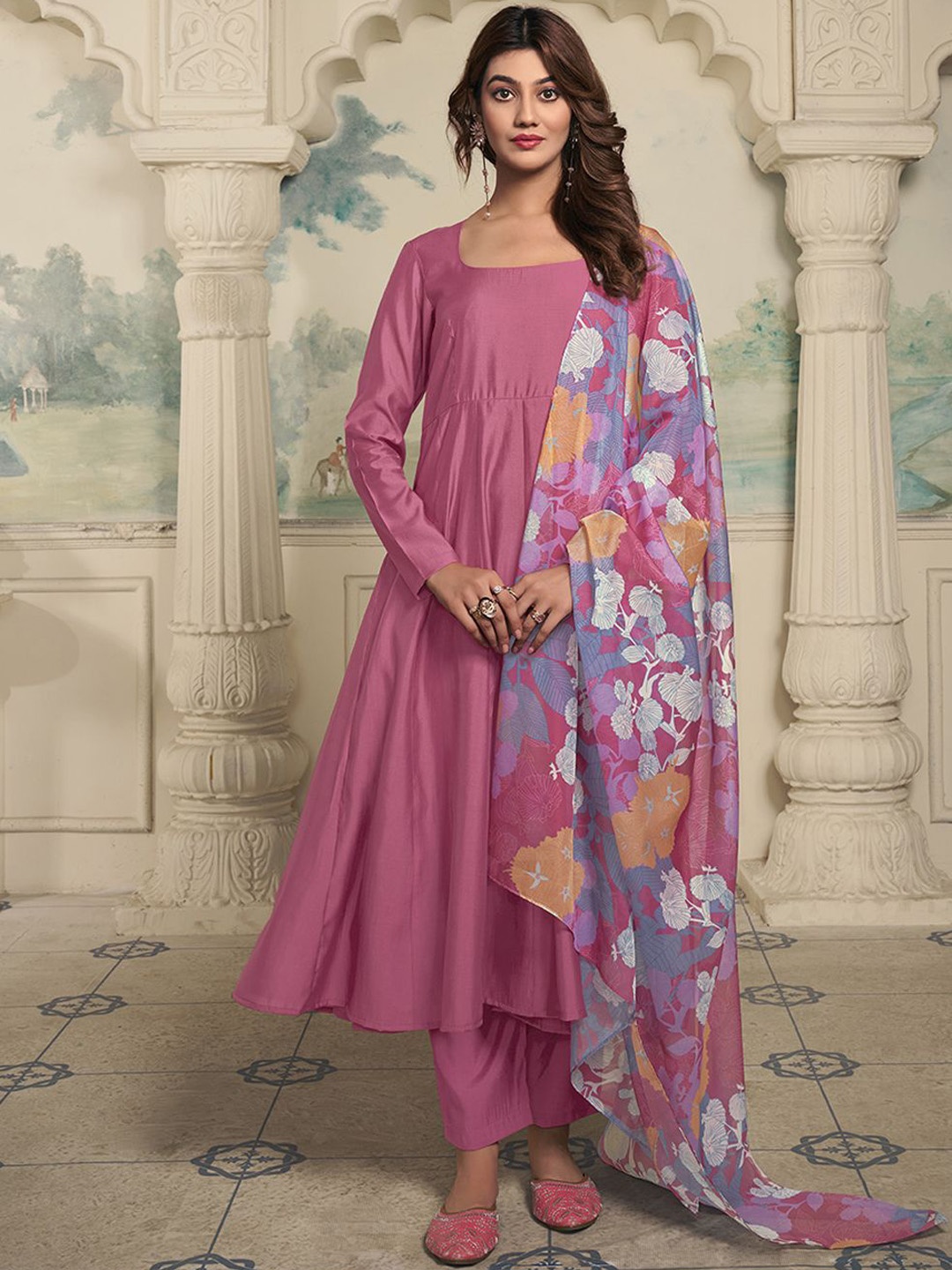 

Inddus Square Neck Anarkali Kurta With Trousers & Dupatta, Pink