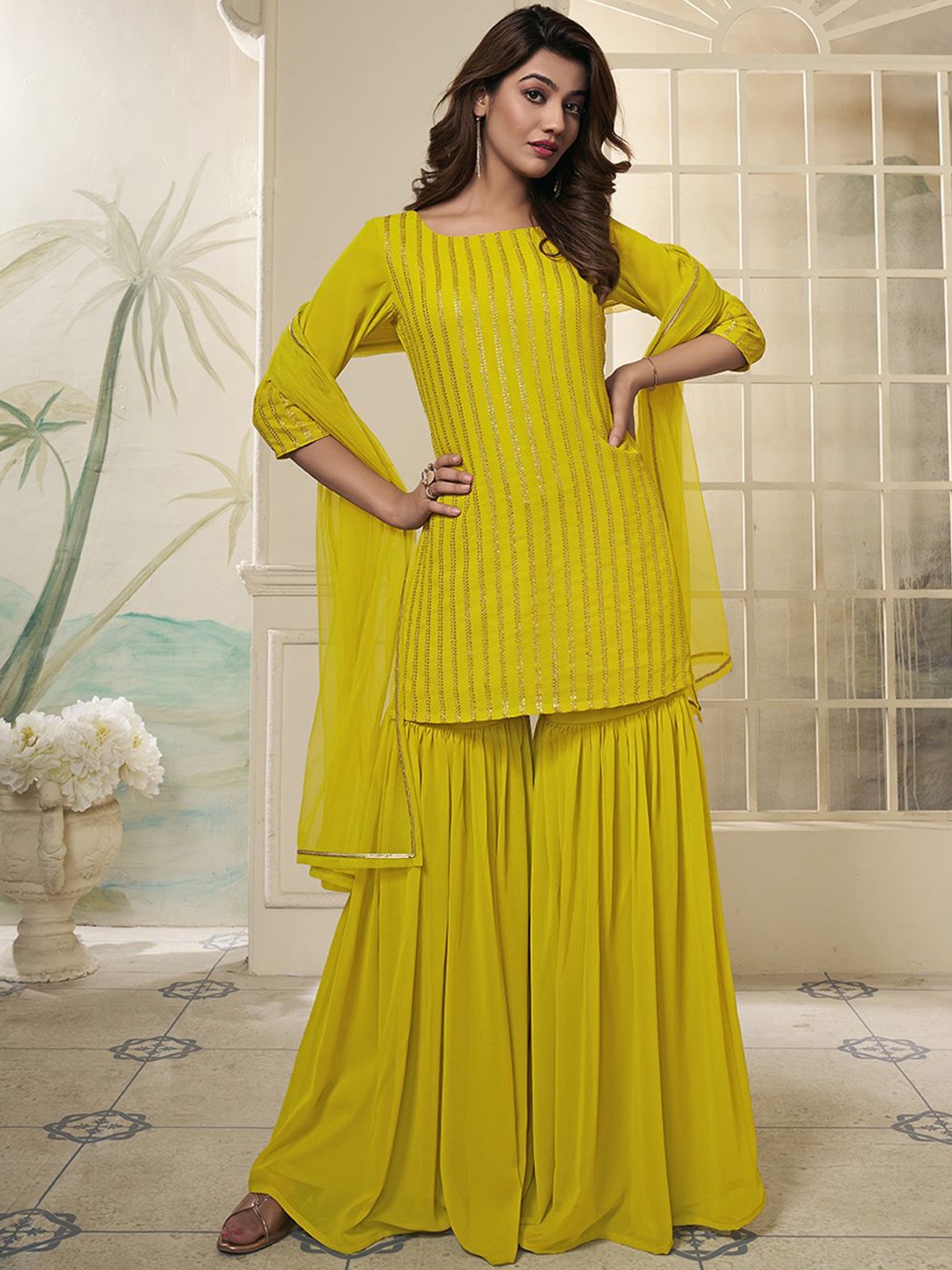 

Inddus Striped Embroidered Straight Short Kurti With Sharara & Dupatta, Mustard