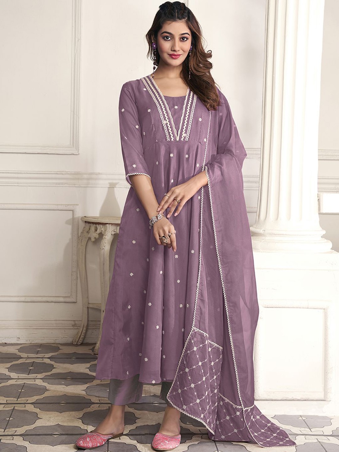 

Inddus Floral Embroidered Thread Work Anarkali Kurta With Trousers & Dupatta, Mauve