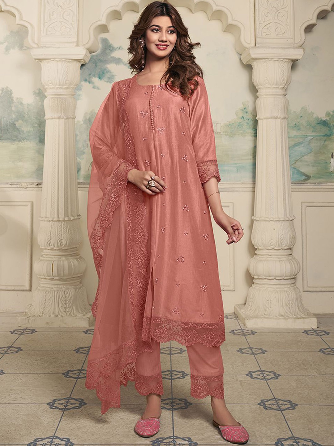 

Inddus Floral Embroidered Thread Work A-Line Kurta With Trousers & Dupatta, Peach