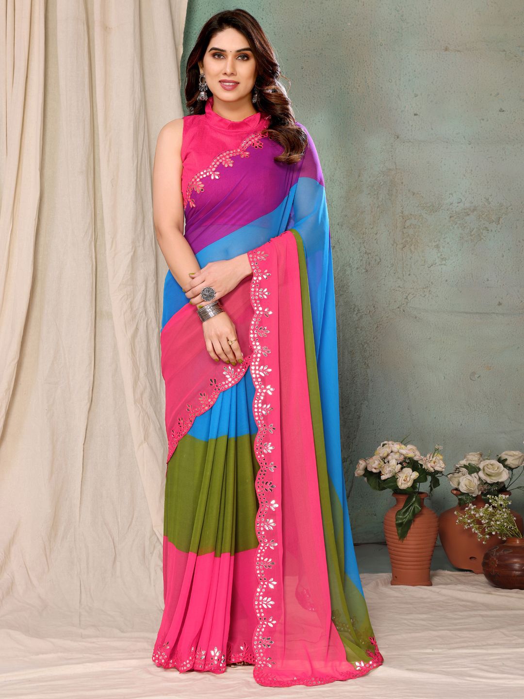 

Mitera Colourblocked Mirror Work Embroidered Saree, Pink
