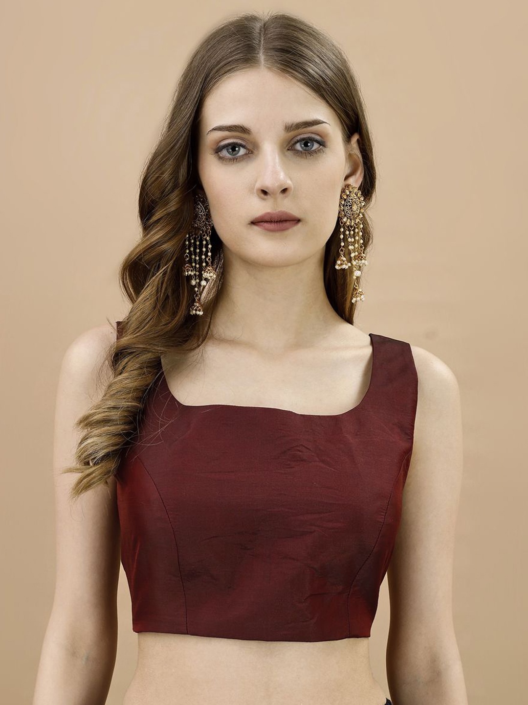 

Tikhi Imli Square Neck Sleeveless Saree Blouse, Maroon
