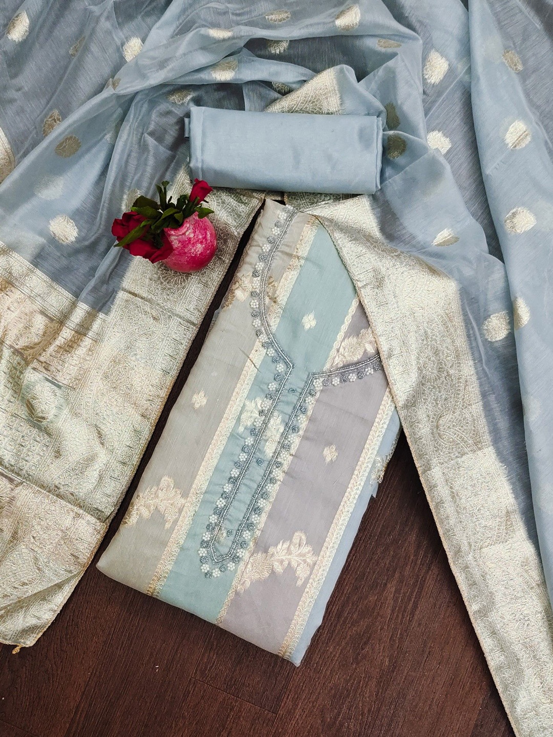 

LeeliPeeri Designer Embroidered Ethnic Motifs Unstitched Dress Material, Blue