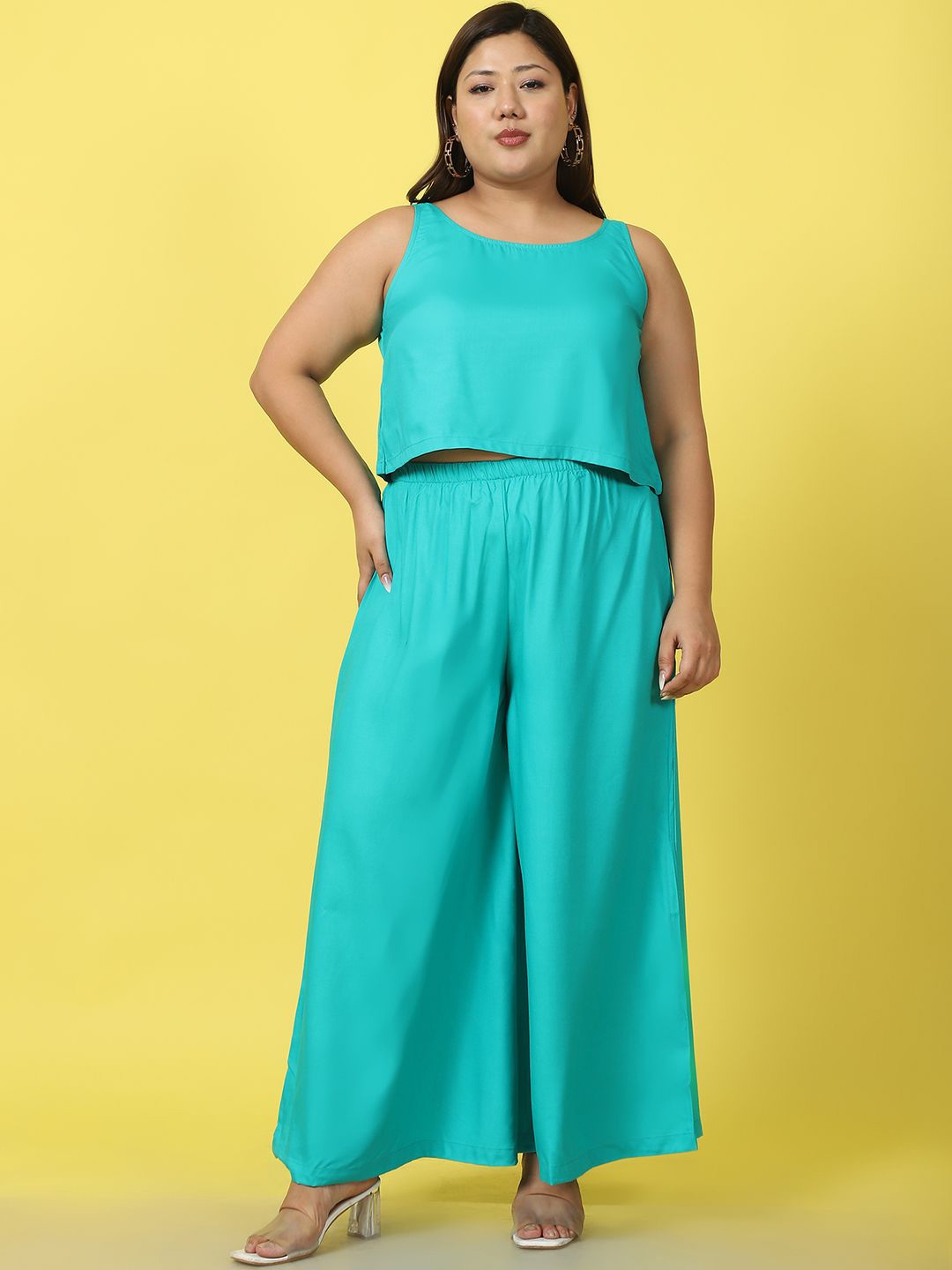 

theRebelinme Round Neck Top With Palazzo Co-Ords, Teal