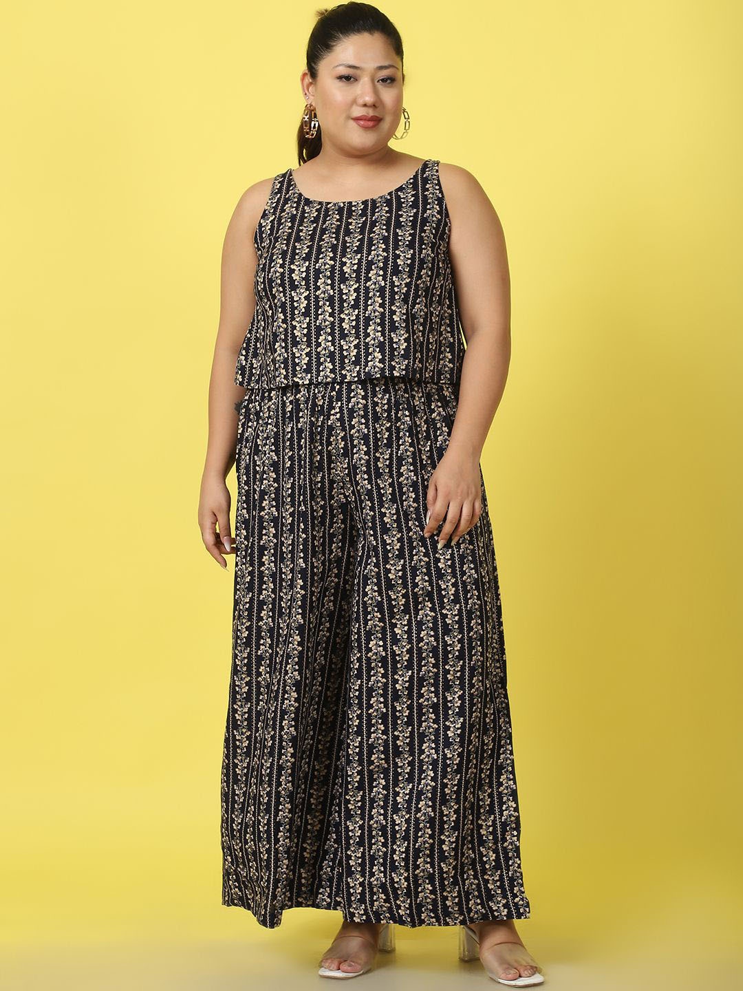 

theRebelinme Printed Round Neck Top With Palazzo Co-Ords, Navy blue
