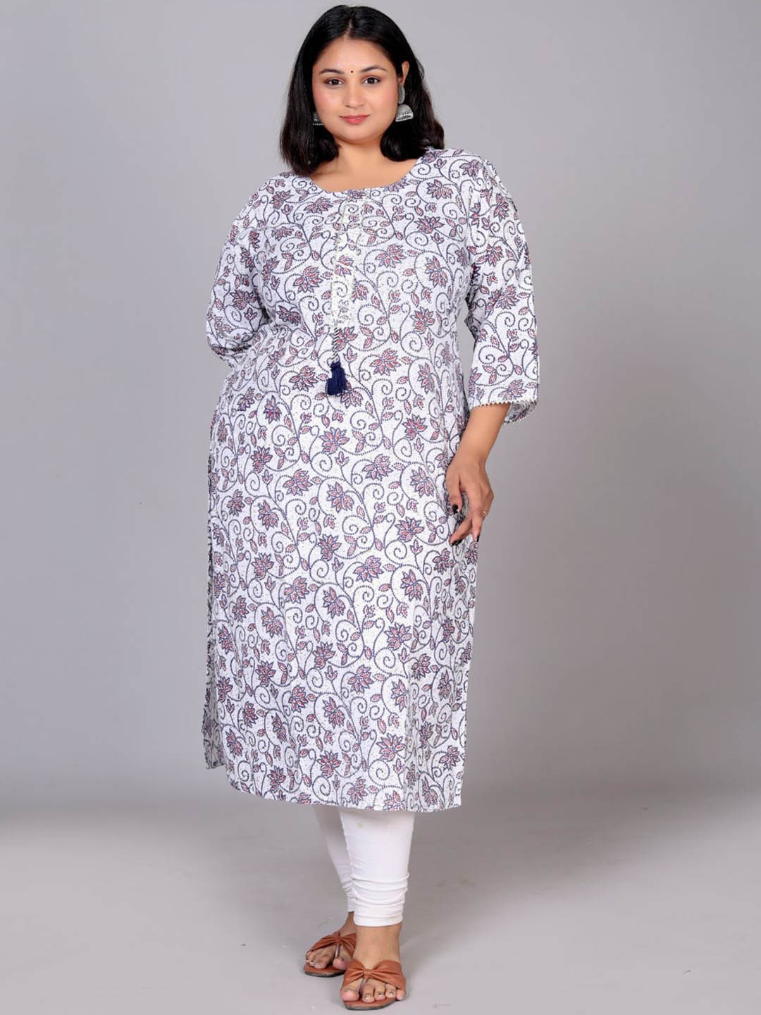 

KALINI Plus Size Floral Printed Gotta Patti Cotton Kurta, White