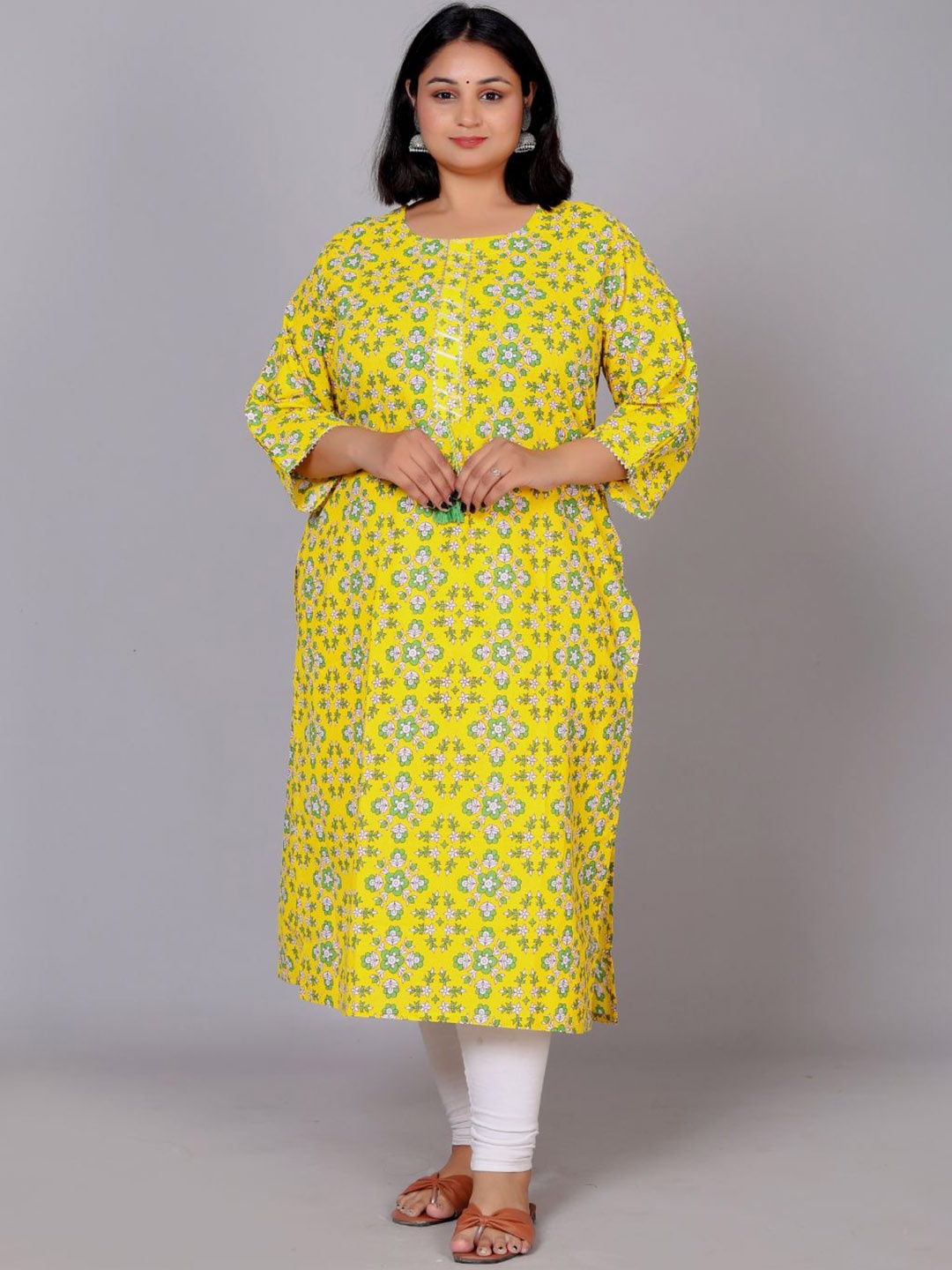 KALINI Plus Size Floral Printed Cotton Straight Kurta, Yellow