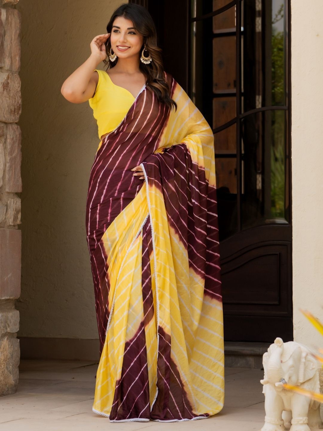 

PRETTY PALLU Leheriya Saree, Yellow