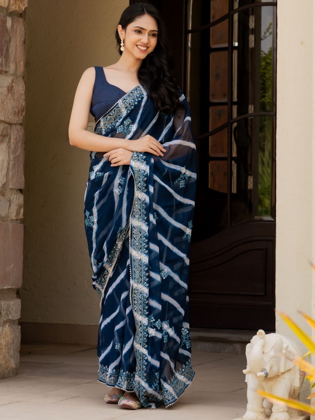PRETTY PALLU Leheriya Beads and Stones Saree, Blue