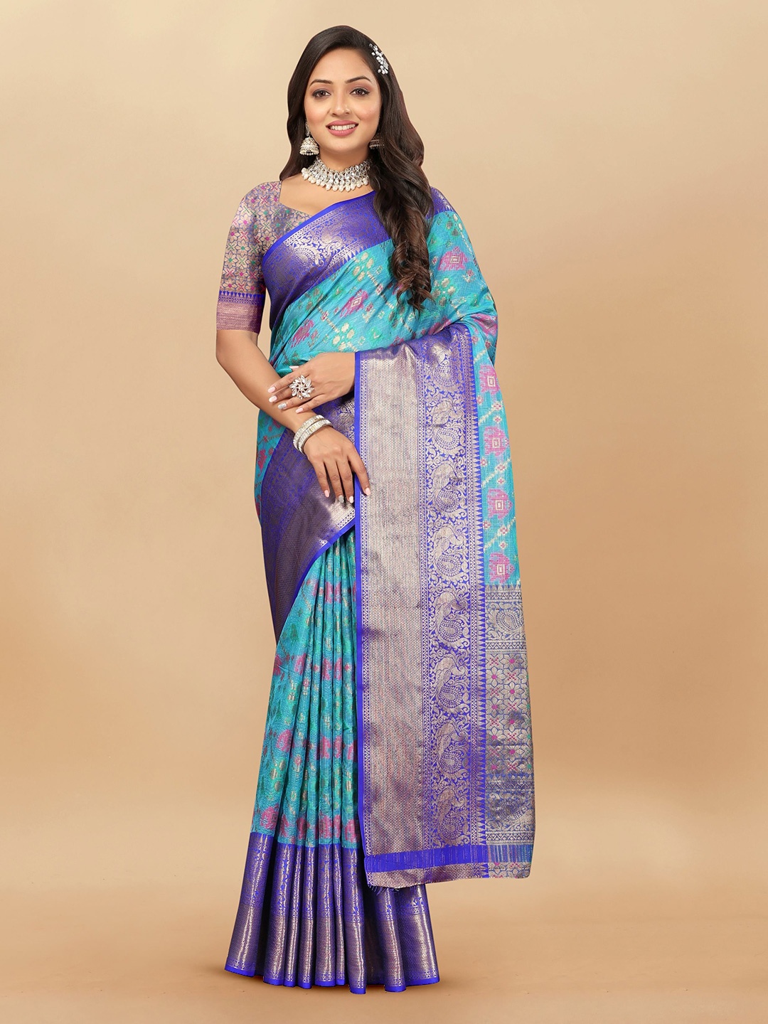 

Upalksh Ethnic Motifs Zari Banarasi Saree, Turquoise blue