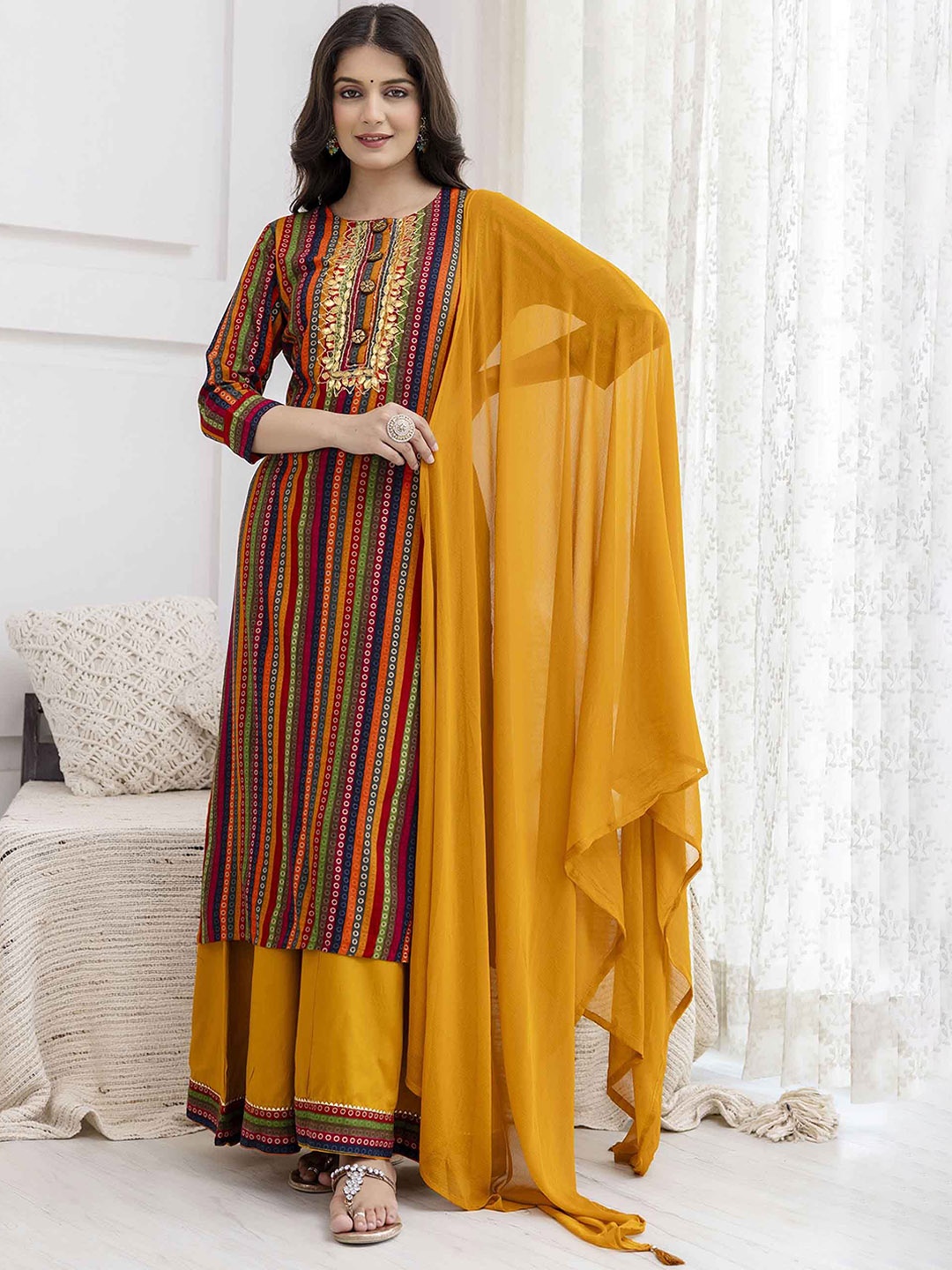 

KALINI Striped Sequinned Straight Kurta with Palazzos & Dupatta, Mustard
