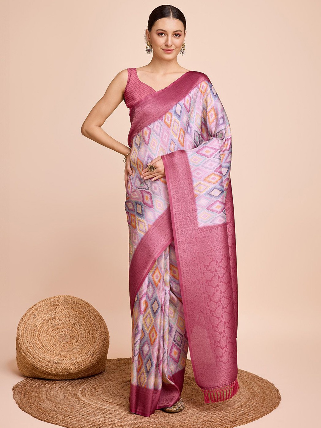 

Sarvada Printed Zari Pure Silk Saree With Tassels, Peach