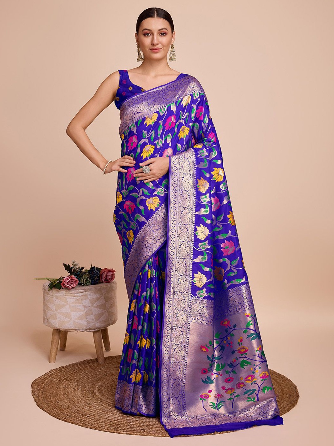 

Sarvada Woven Design Zari Pure Silk Paithani Saree, Blue