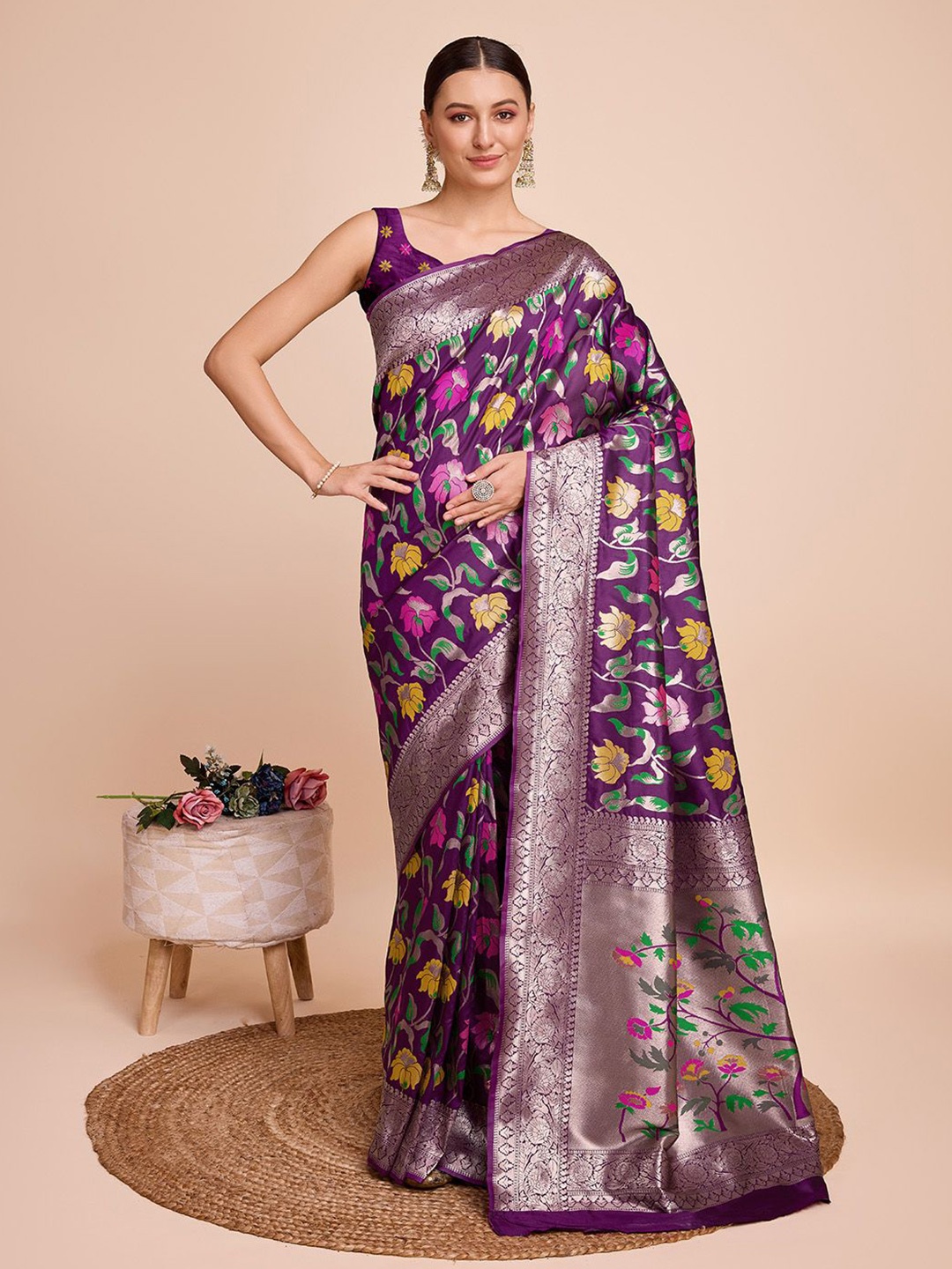 

Sarvada Woven Design Zari Pure Silk Paithani Saree, Purple