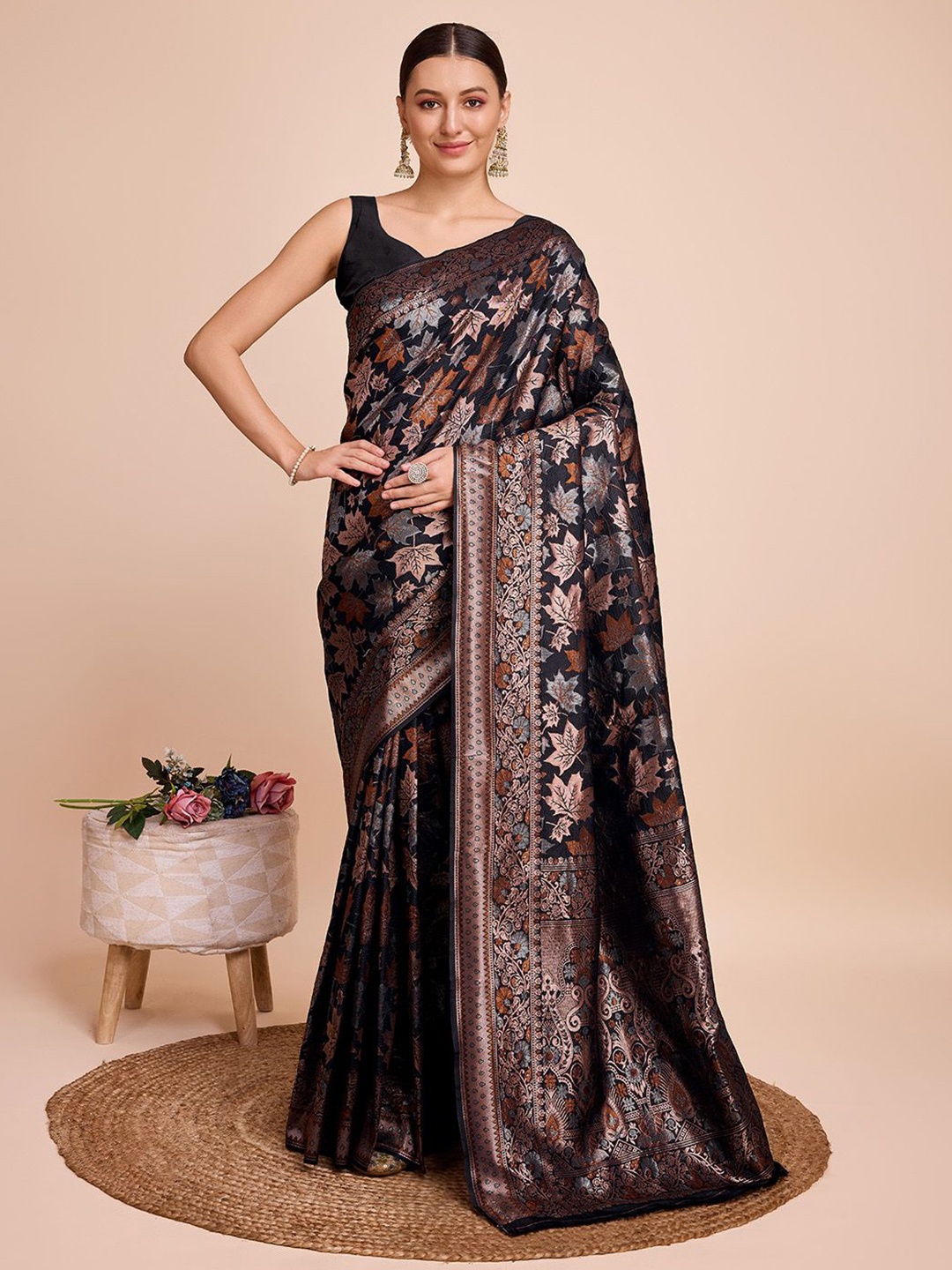 

Sarvada Floral Zari Pure Silk Banarasi Saree, Black