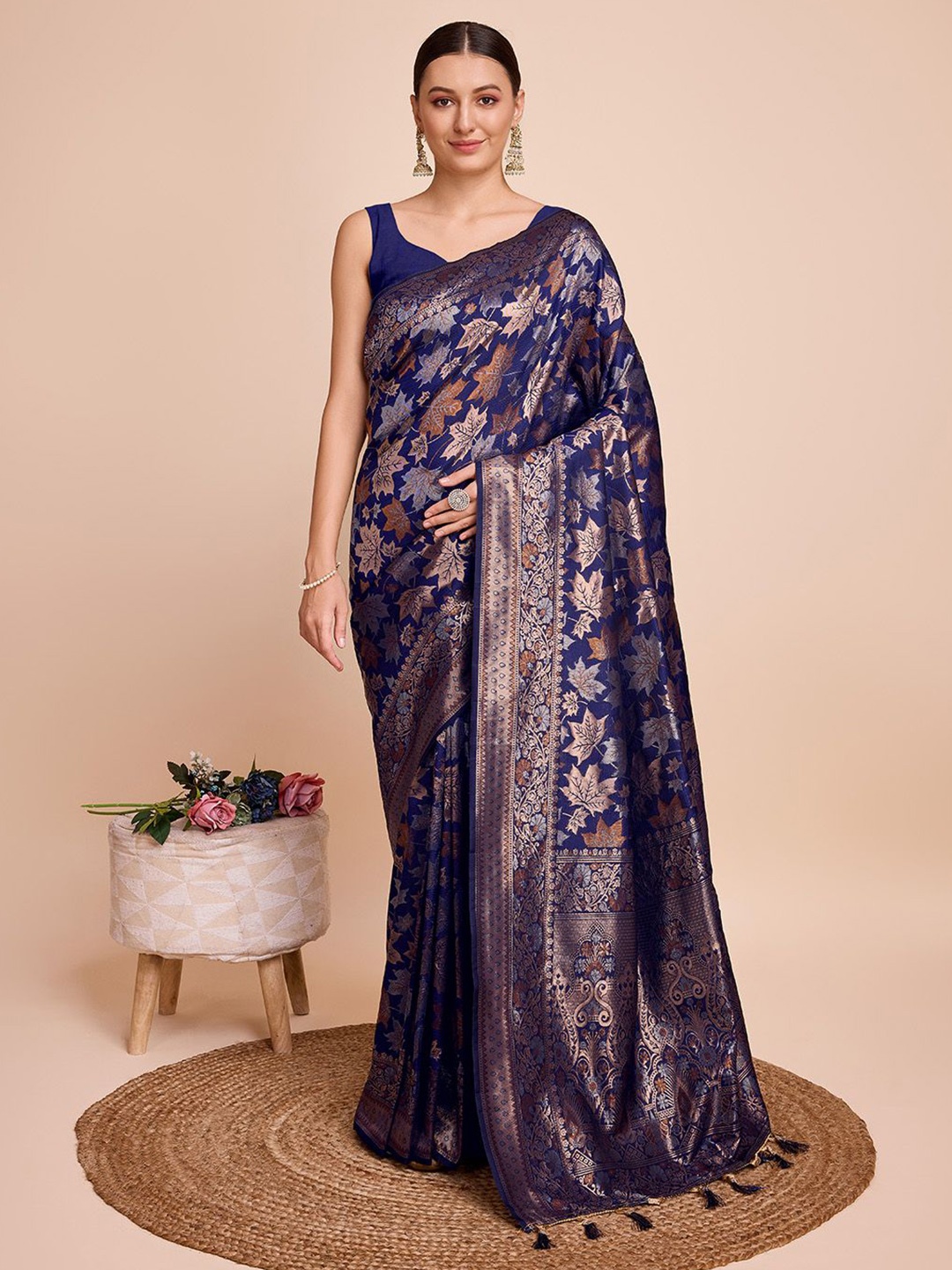 

Sarvada Floral Zari Pure Silk Banarasi Saree, Navy blue