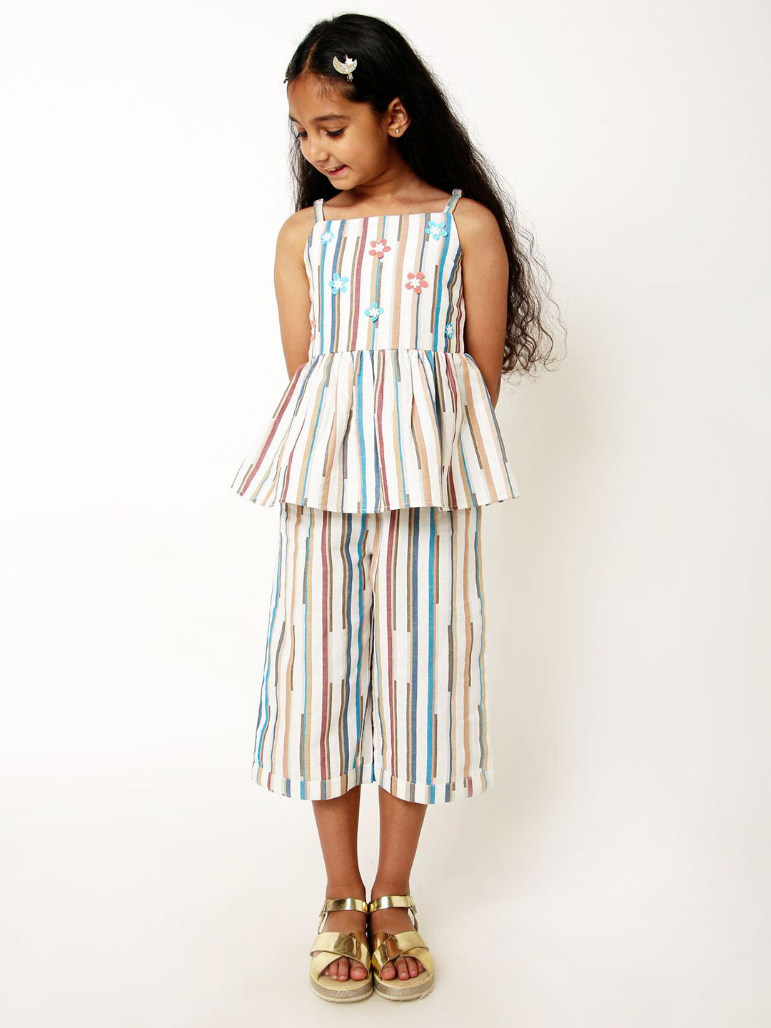 

A Little Fable Girls Striped Pure Cotton Top with Capris, White
