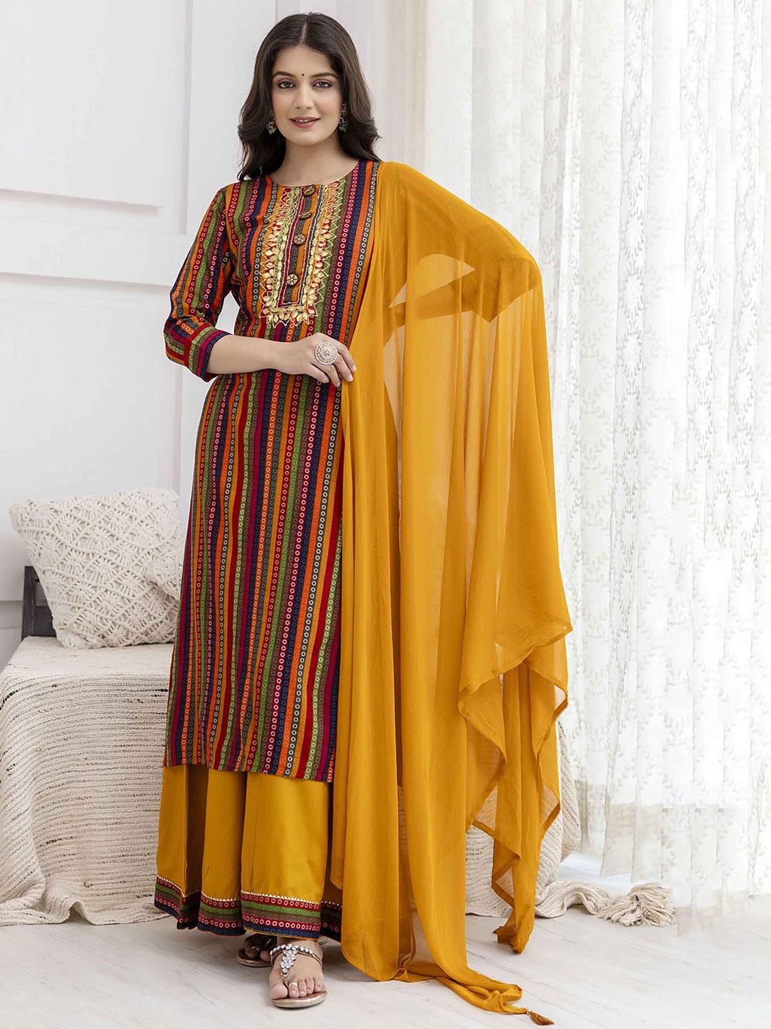 

Nehamta Striped Regular Sequinned Kurta with Palazzos & With Dupatta, Yellow