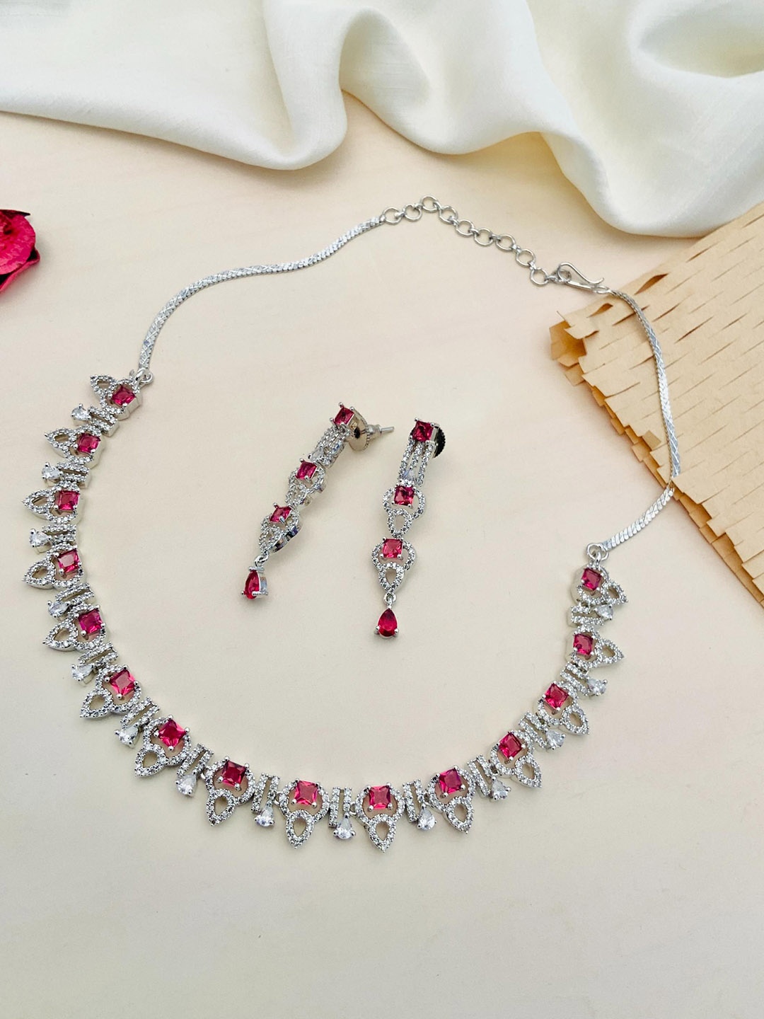 

ABDESIGNS Silver-Plated American Diamond- Studded Necklace and Earrings