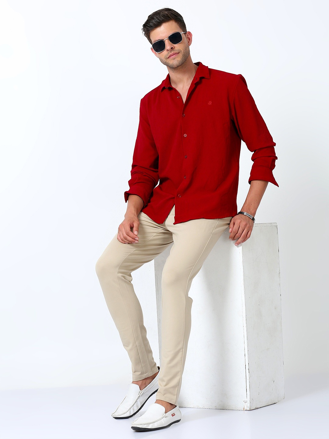 

SORATIA Men Slim Fit Textured Cherry Red Casual Shirt