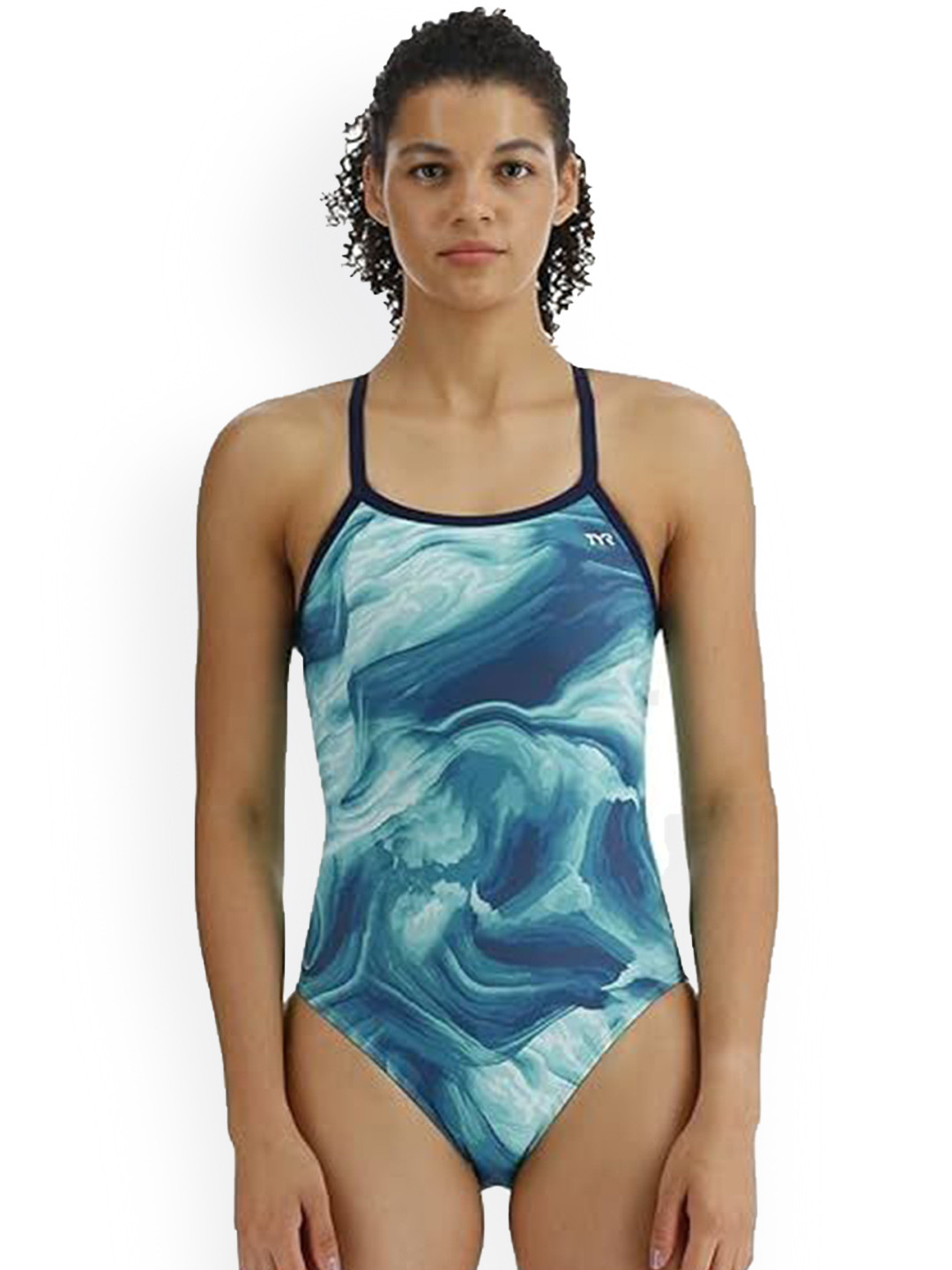 

TYR Abstract Printed Shoulder Straps Sleeveless Bodysuit Swimwear, Teal