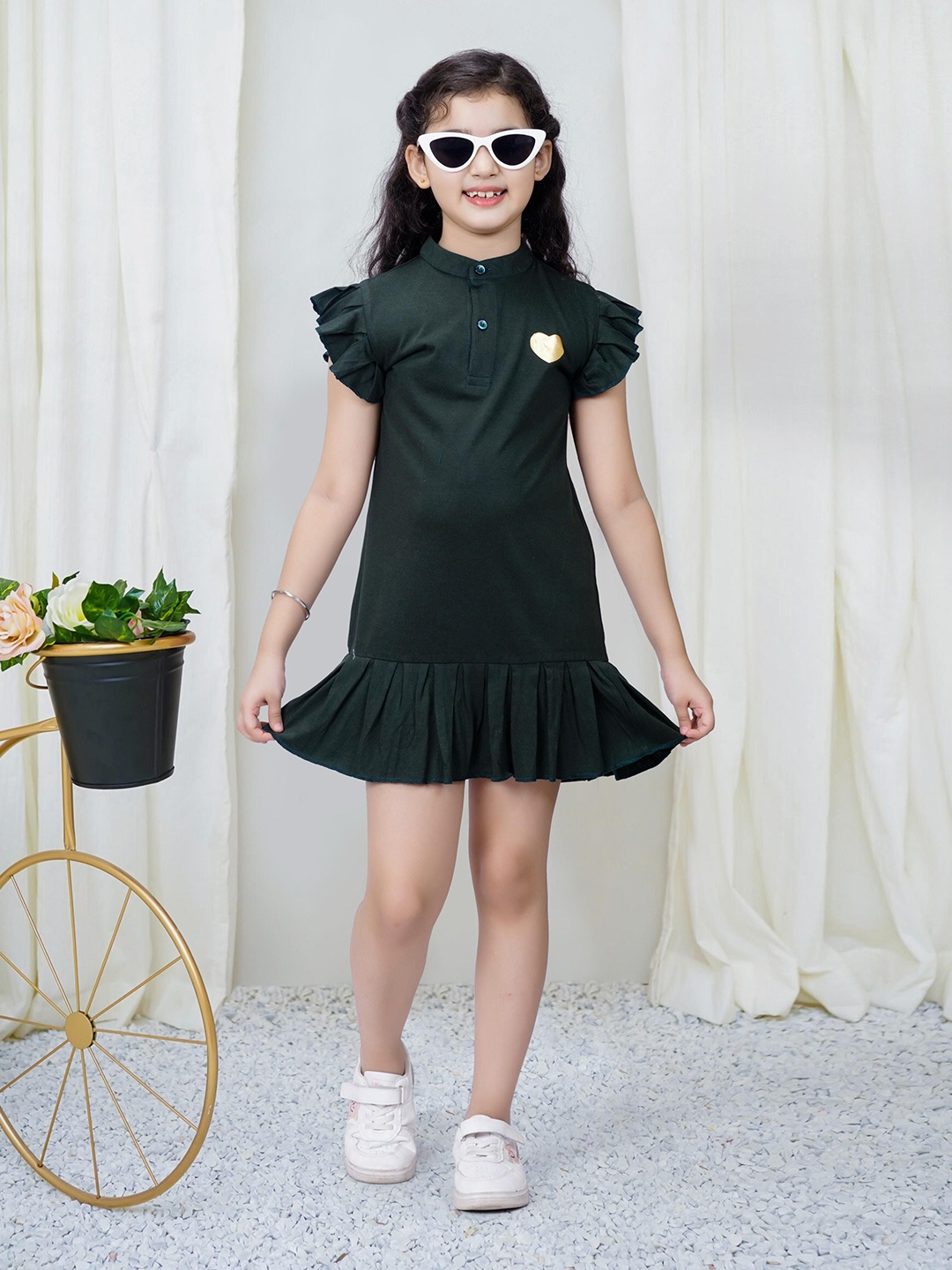 

BAESD Girls Solid Round Neck knee Flutter Cotton Top, Green