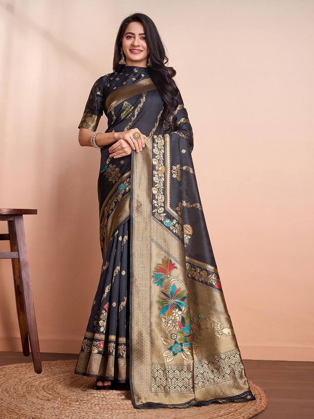

RICH & ROMAN Woven Design Zari Pure Silk Banarasi Saree, Black