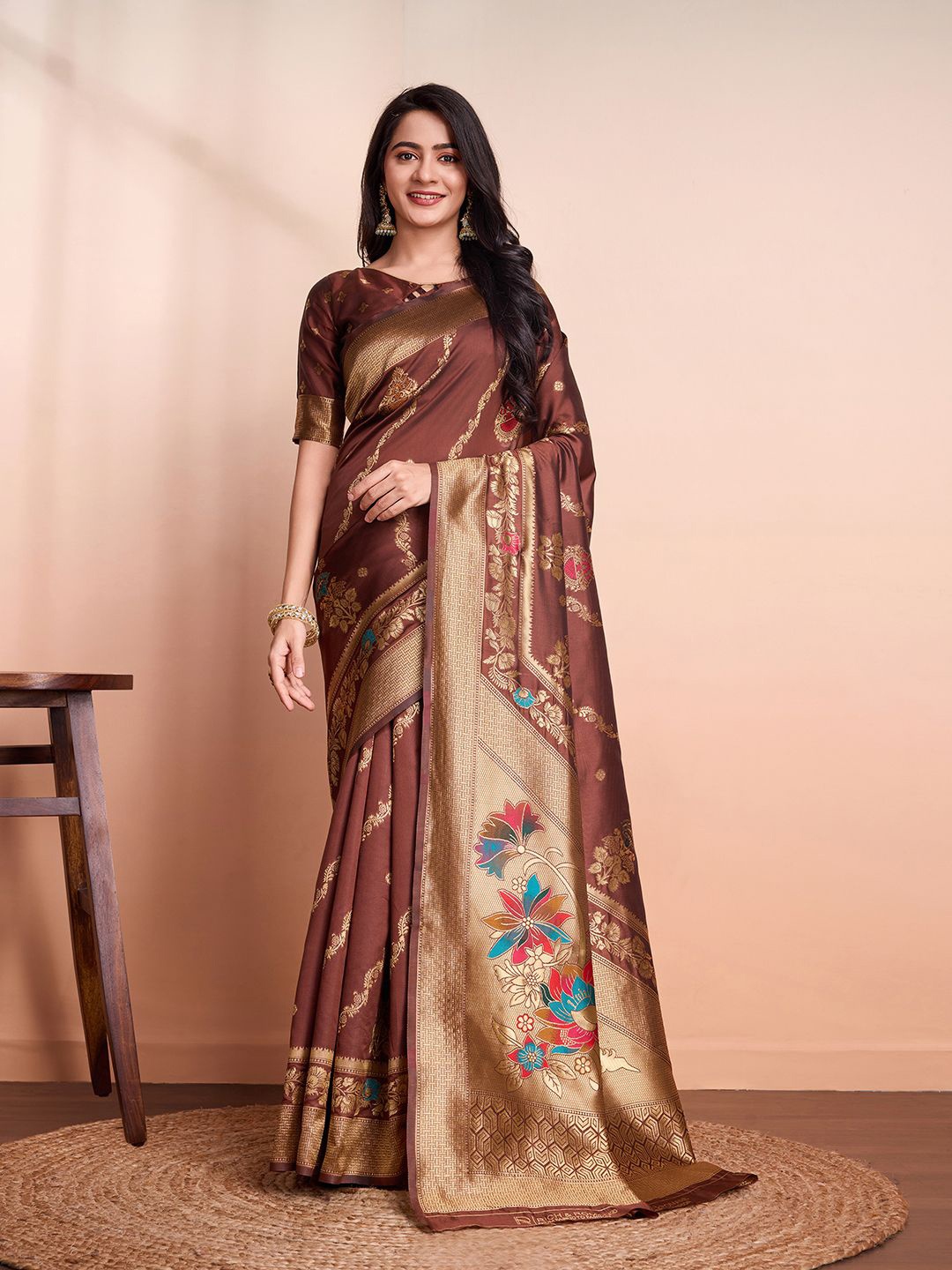 

RICH & ROMAN Ethnic Motifs Zari Pure Silk Banarasi Saree, Coffee brown