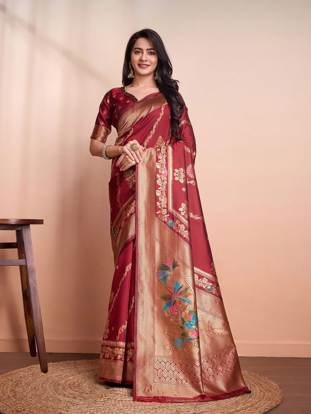

RICH & ROMAN Woven Design Zari Pure Silk Banarasi Saree, Maroon