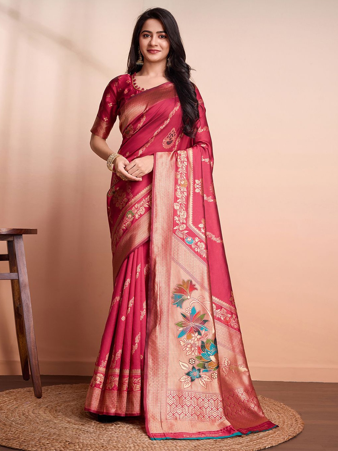 

RICH & ROMAN Ethnic Motifs Zari Pure Silk Banarasi Saree, Pink