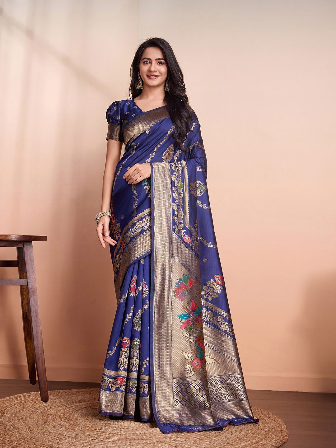 

RICH & ROMAN Woven Design Zari Pure Silk Banarasi Saree, Blue