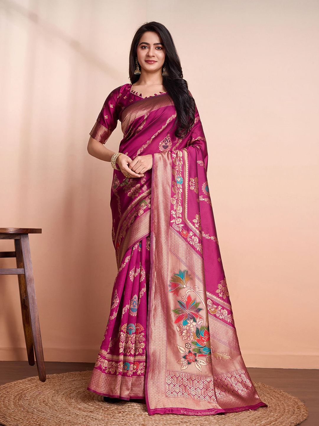 

RICH & ROMAN Ethnic Motifs Zari Pure Silk Banarasi Saree, Magenta