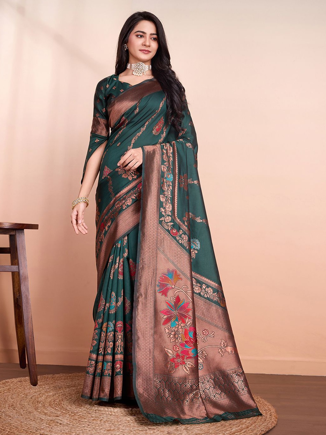 

RICH & ROMAN Ethnic Motifs Zari Pure Silk Banarasi Saree, Green