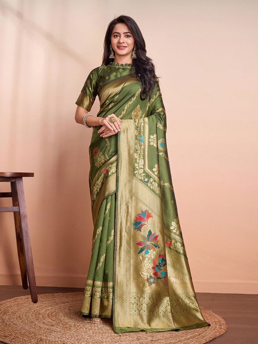 

RICH & ROMAN Woven Design Zari Pure Silk Banarasi Saree, Olive