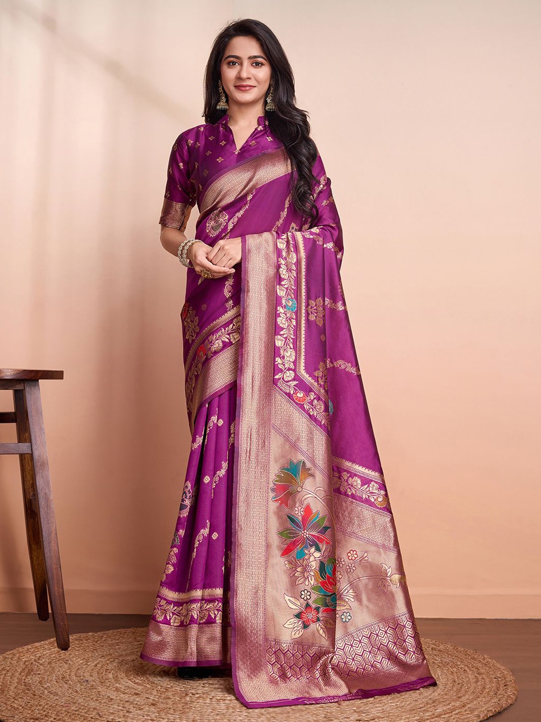 

RICH & ROMAN Woven Design Zari Pure Silk Banarasi Saree, Purple