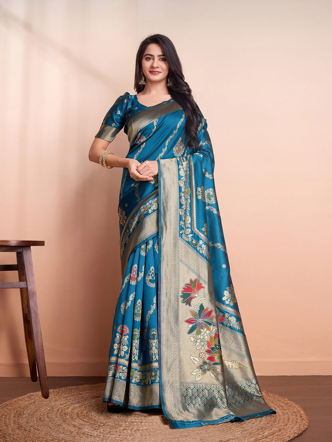

RICH & ROMAN Ethnic Motifs Zari Pure Silk Banarasi Saree, Blue