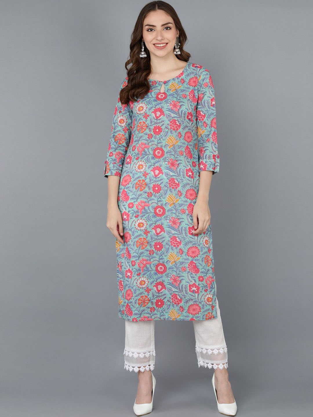

KALINI Floral Printed Roll-Up Sleeves Kurta, Blue
