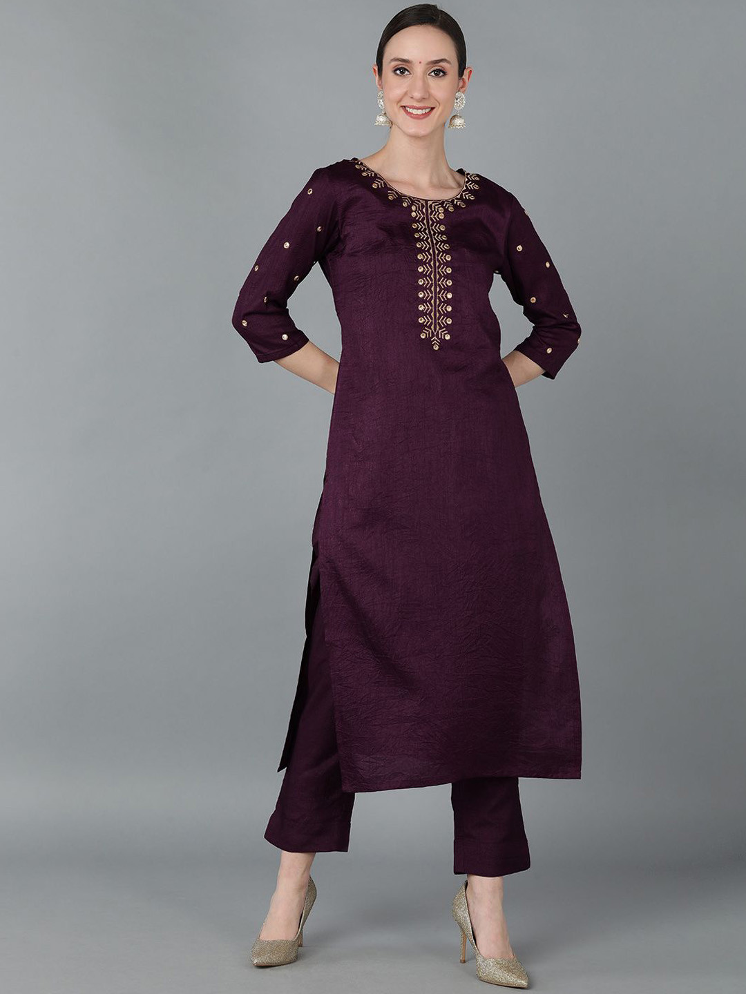 

KALINI Floral Embroidered Mirror Work Straight Kurta, Purple