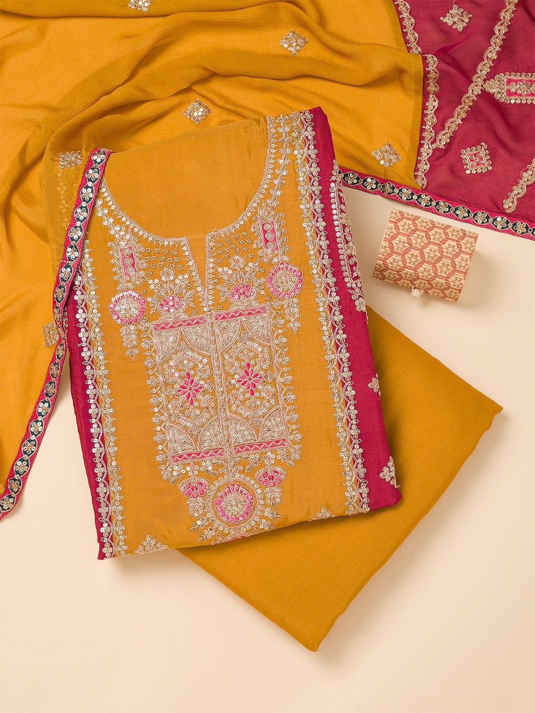 

Koskii Floral Embroidered Unstitched Dress Material, Yellow