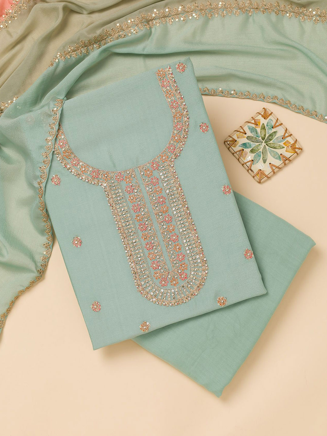 

Koskii Floral Embroidered Unstitched Dress Material, Blue