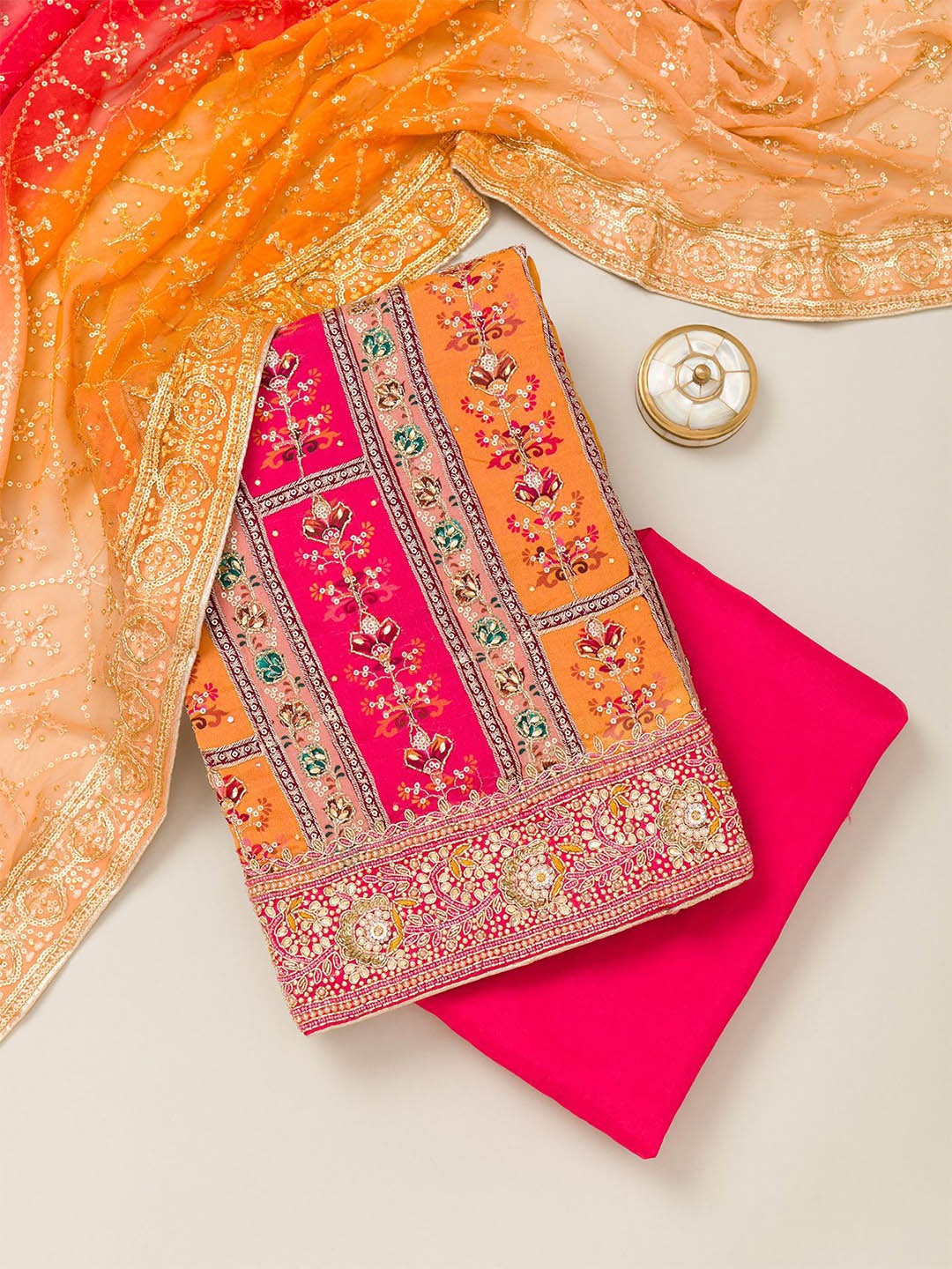 

Koskii Ethnic Motifs Embroidered Sequined Unstitched Dress Material, Pink