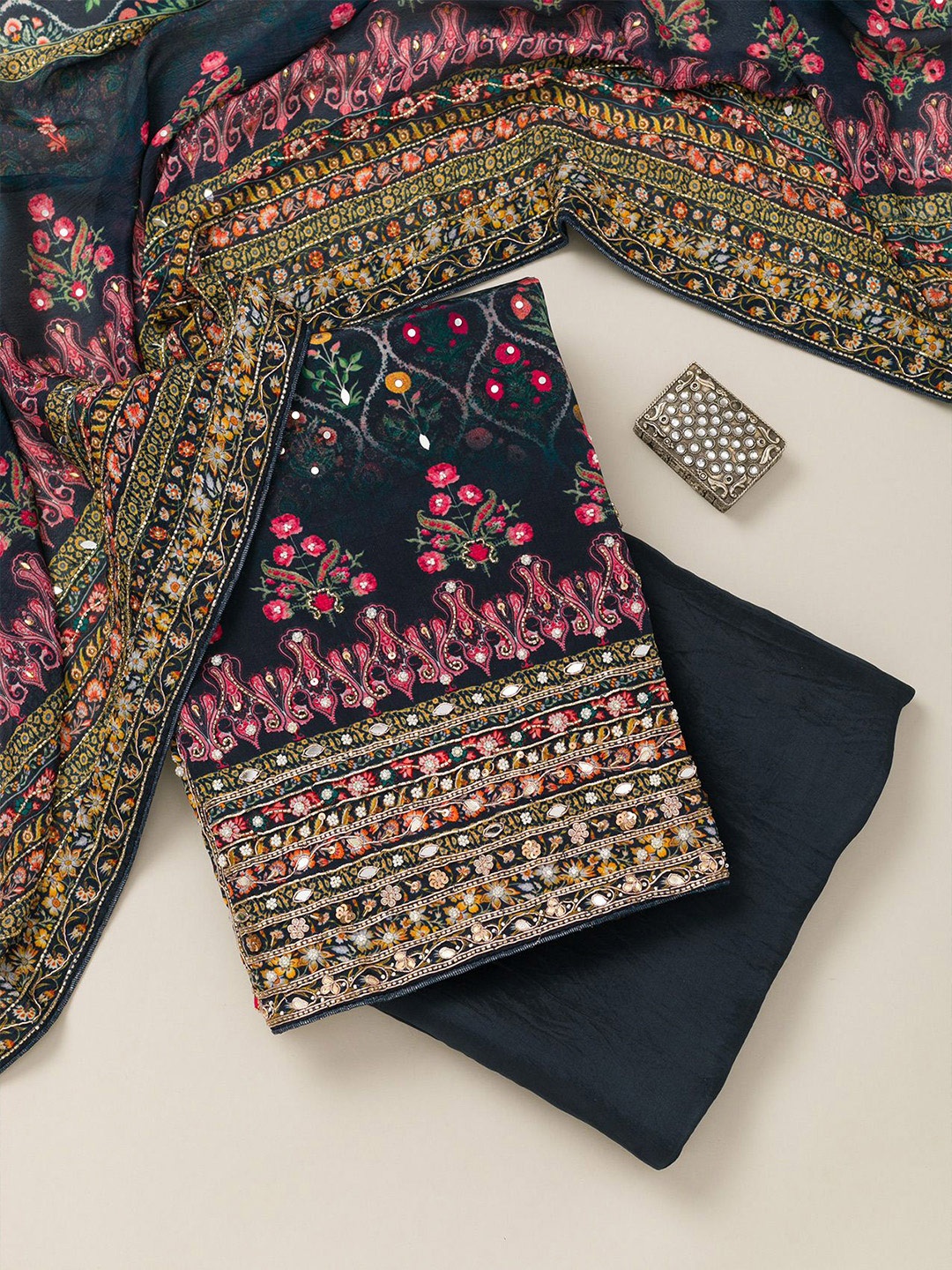

Koskii Floral Embroidered Beads and Stones Unstitched Dress Material, Blue